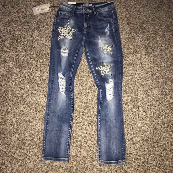 NWT Size M Embellished Pearls Beads Skinny Jeans - Picture 2 of 5